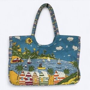 Anne Ormsby Sun N Sand Canvas Tote Bag Beach Scene Vacation Resort Boats Whimsy